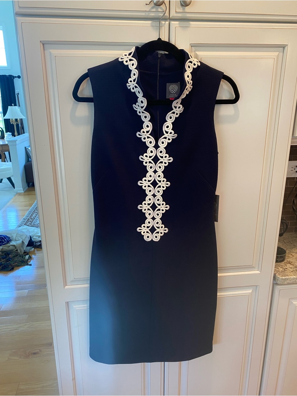 Vince Camuto Navy Sleeveless Sheath Dress with White Embroidered Front